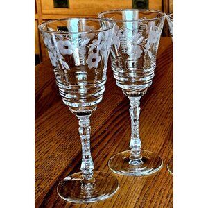 Rock Sharpe Water Goblets 8" set/2 cut floral vine fern stem 3005 vintage 1950s